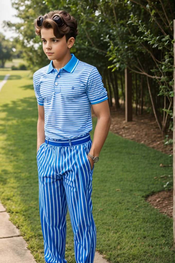 boy with curlers, blue and white striped polo and comfortable pants