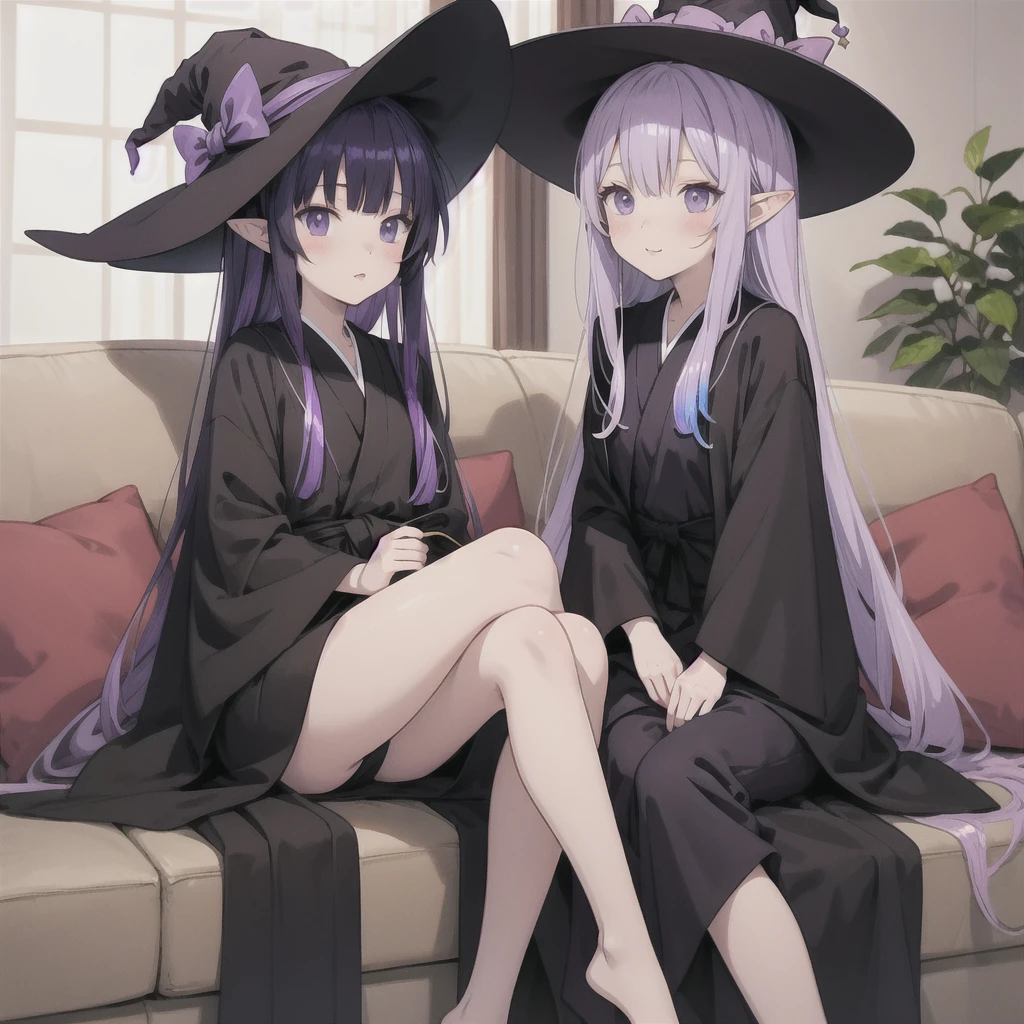 anime girl long purple hair wearing a black Robe. she has pointy ears. Witch Hat. Manga kawaii. iridescent ,An illustration, Sit on the sofa, (no background)