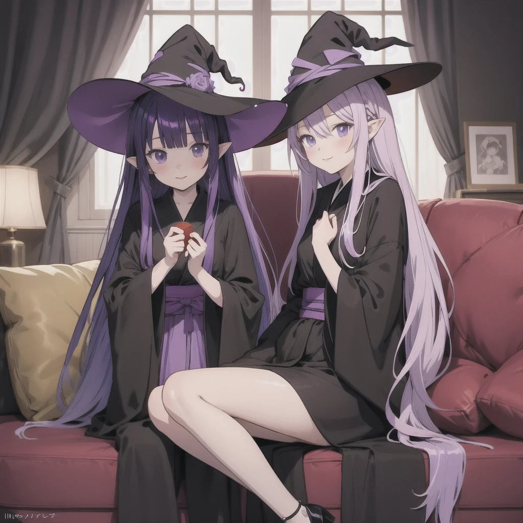 anime girl long purple hair wearing a black Robe. she has pointy ears. Witch Hat. Manga kawaii. iridescent ,An illustration, Sit on the sofa, (no background)