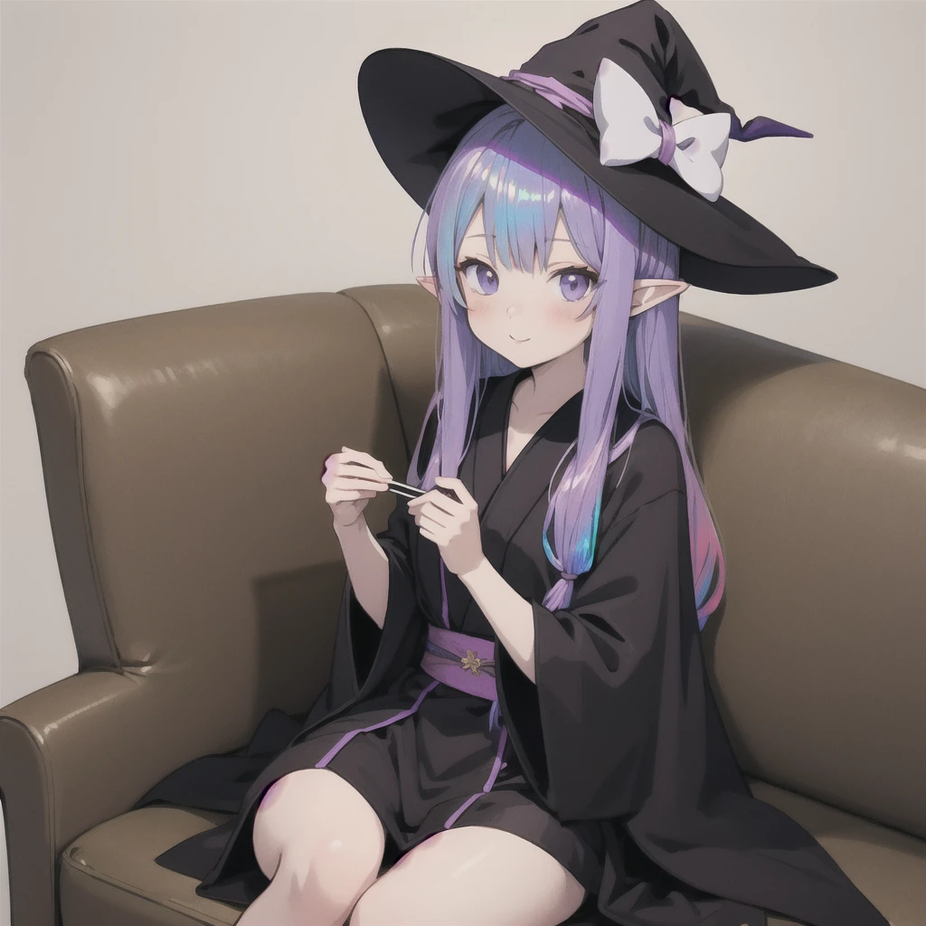 anime girl long purple hair wearing a black Robe. she has pointy ears. Witch Hat. Manga kawaii. iridescent ,An illustration, Sit on the sofa, (no background)