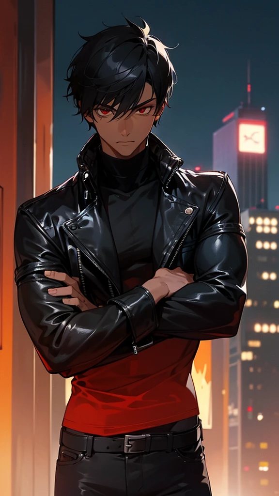 1boy, detailed face, detailed eyes, dark-skinned male, black hair, short hair, red eyes, black jacket, leather jacket, black turtleneck, black jeans, muscular male, outdoors, city, night