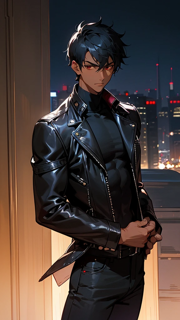 1boy, detailed face, detailed eyes, dark-skinned male, black hair, short hair, red eyes, black jacket, leather jacket, black turtleneck, black jeans, muscular male, outdoors, city, night