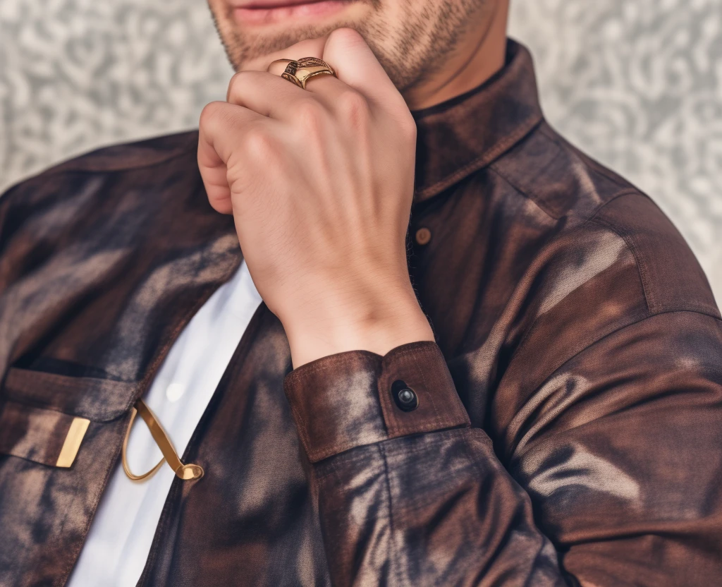 hand, ring, brown shirt,