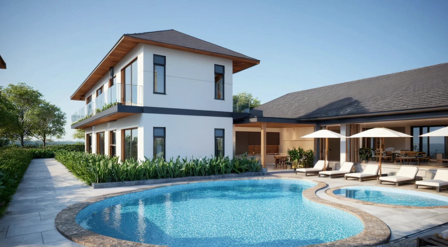 townhouse, (modern style:1.2), (curved pool:1.2), exterior design, perspective view, (white wall:1.3), (block sidewalks and asphalt roads), (day sky background), Low trees around the house, (the house next door is lower than the subject designer's house), (mid day), (Neutral lighting is suitable for the townhouse, light color thermometer lighting), (architectural design visualization), (reflection), (focus on object), (material normal bump real reflection), (scattered light), (light ray), (multi-beam light), (sunbeam) (multi-level reflection), (chao vantage software visualization render),(((Best Quality))), ((Masterpiece)), ((best illustration)), ((best shadows)), ((Super Detail)), (Intricate lines), (Photorealism),(hyper detail), ((archdaily)), ((award winning design)), (dynamic light), ((day)), spotlight, (perfect light), (shimering light), ((photorealistic)), ((intricate detail)), ((extreme detail)), ((crazy detail)), ((octane render)), ((trending on artstation)), ((High-fidelity)), ((Viwvid)), ((Crisp)), ((Bright)), ((Stunning)), ((Eye-catching)), ((High-quality)),((Sharp))((Bright)), ((Stunning)), ((natural sun environment)), ((Eye-catching)), ((Illuminating)), ((Flawless)), ((High-quality)),((Sharp edge render)), ((medium soft lighting)), ((photographic render)), ((detailed archviz)), ((reality environment)), (modern townhouse design architectural design facade), (modern townhouse facade roof design), (modern townhouse facade wall design), (modern townhouse facade decoration material design) (townhouse facade door and window design modern), (environmental lighting design), (modern townhouse facade lighting design), (modern townhouse front gate and fence design), (Design lights for gate posts and fences), (townhouse facade railing design), (level of photo realism, depends on lighting, materials, composition, Real-Time Rendering, based on chao vantage timage rendering graphics software)