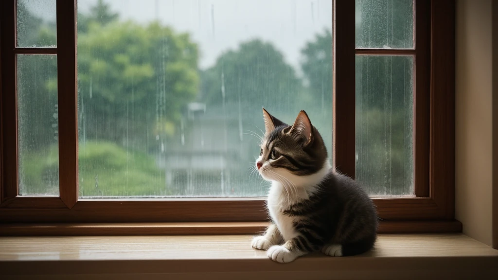 Kitten looking outside by a rainy window。