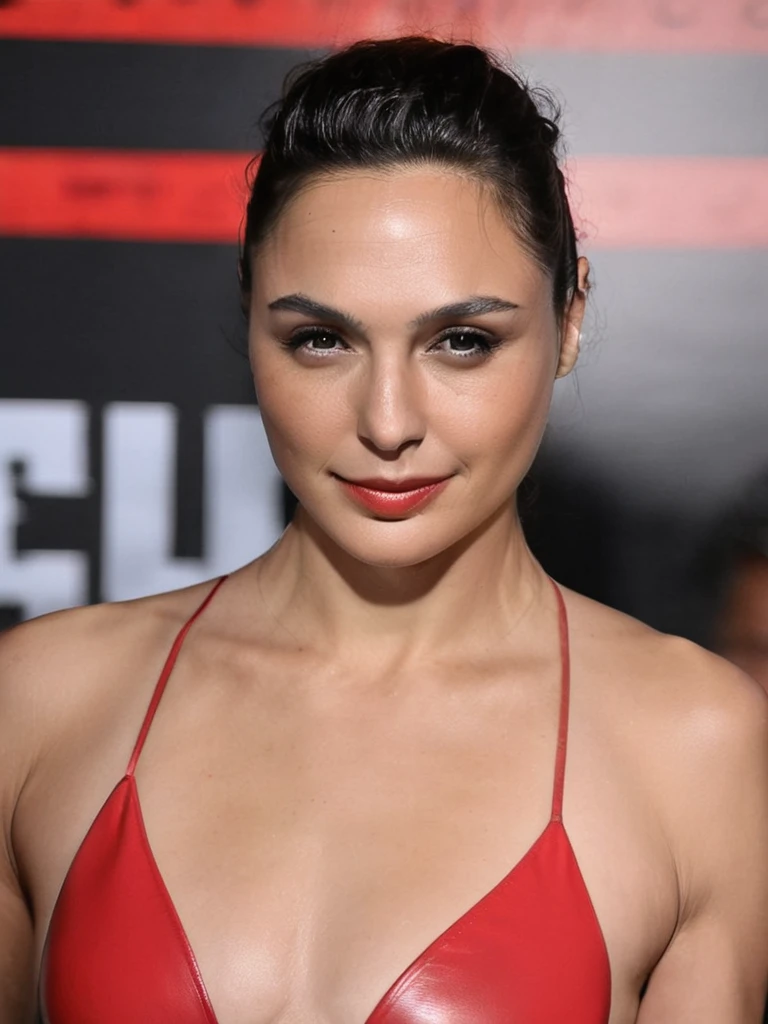 high quality Erotic photograph , ( GalGadot , ultra detailed skin texture , hot bikini model ) celebrity erotic photograph, seductive smile ,tall figure , red color rubber bikini, dark atmosphere , erotic pose, showing her extremely hot figure , bikini model, photograph , erotic dramtic lights, erotic photoshoot , exhausted look, shiny sweaty skin, seductive expression , on vacation area, wet hair, celebrity, female, woman, hollywood actress, , erotic angle , fleshy muscular woman , ( depth of field, insanely detailed skin texture, hyper detailed features )