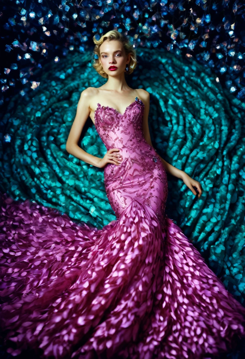 Evening Dress, theater, by Ryan McGinley and Miles Aldridge, 35mm photograph, bokeh, best quality, masterpiece, very aesthetic, perfect composition, intricate details, ultra-detailed