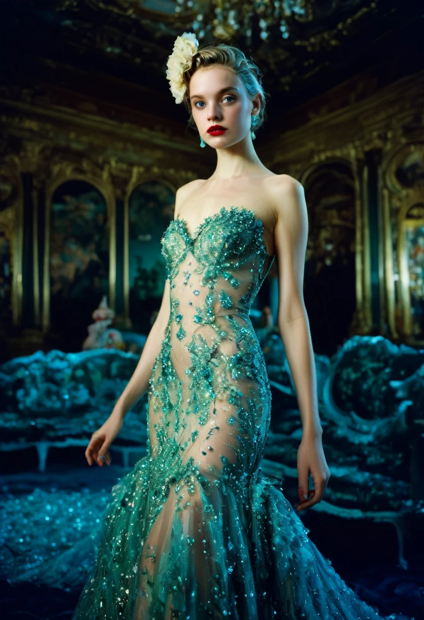 Evening Dress, theater, by Ryan McGinley and Miles Aldridge, 35mm photograph, bokeh, best quality, masterpiece, very aesthetic, perfect composition, intricate details, ultra-detailed