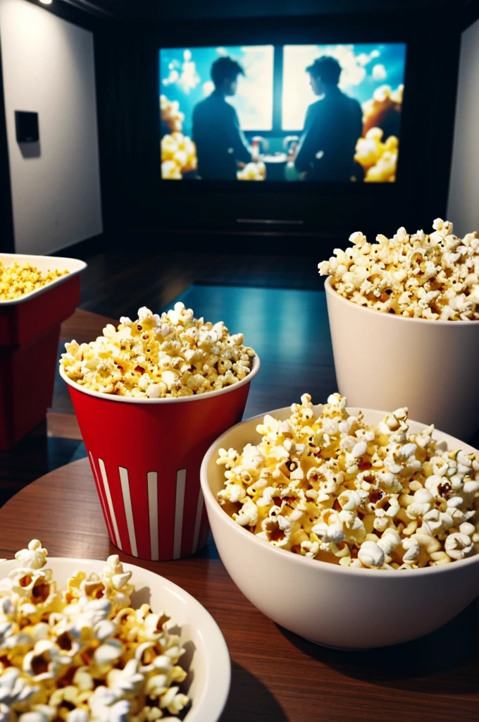 Cinema screen photo taken with a phone and on the side a bowl of popcorn