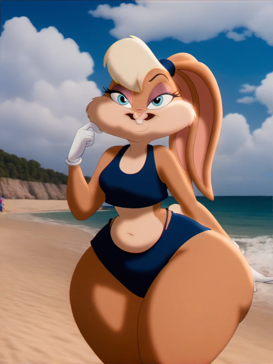 lolabunny, 1girl, solo, furry female, rabbit ears, rabbit girl, animal nose, crop top,white gloves, blue eyes, body fur, standing, tail sleeveless, buck teeth,smile,looking at viewer, outdoors, black bikini, bikini, Hips, {{{{{{Fat Ass}}}}}}, {{{{{{{{Big Hips}}}}}}}}, {{Fat}}, Big Thighs, Fat Thighs, ate a lot, overweight, over weight, going to eat, tight thong, clothes busting, fat ass, she is fat, fat bitch, pawg ass, thicc ass, big ass, she is in love with you, beach, score_9, score_8_up, score_7_up, score_6_up, score_5_up, score_4_up