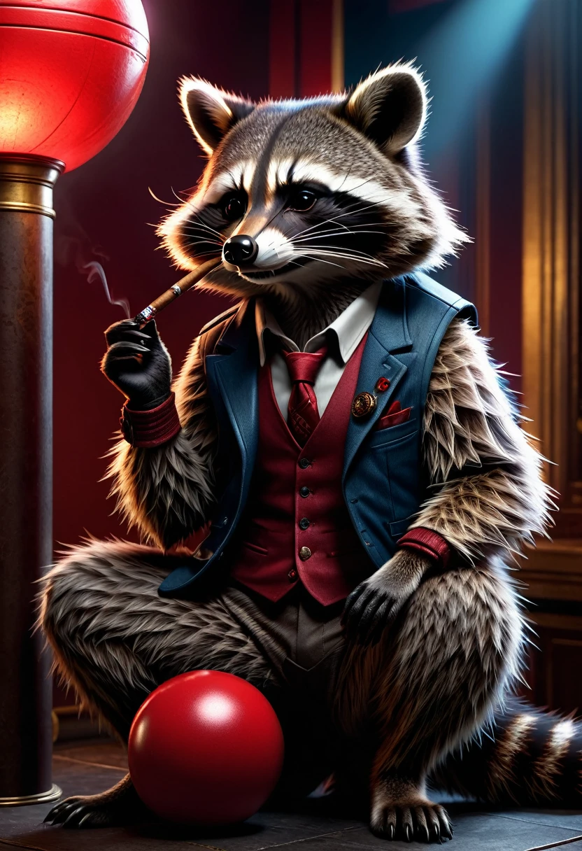 Raccoon with a cigar in his fingers that he is smoking, standing in front of him, leaning casually with his elbow on a large red ball that goes up to his hip, dark gloomy Resident Evil background, detailed realistic raccoon, detailed photorealistic raccoon, very detailed, 8k, hyper-realistic, cinematic lighting, dramatic lighting, mood lighting, dark moody atmosphere, warm colors, vivid colors, intricate details, award-winning photography, stunning visual effects