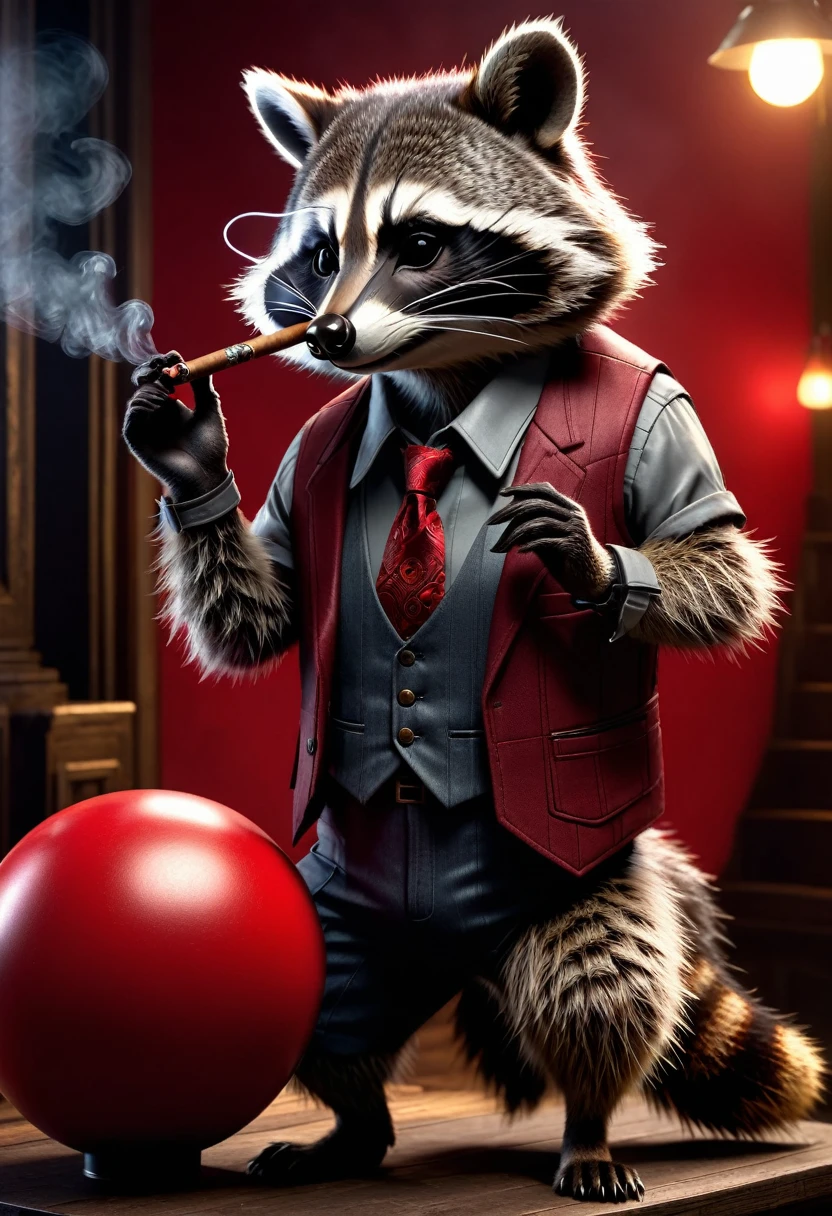 Raccoon with a cigar in his fingers that he is smoking, standing in front of him, leaning casually with his elbow on a large red ball that goes up to his hip, dark gloomy Resident Evil background, detailed realistic raccoon, detailed photorealistic raccoon, very detailed, 8k, hyper-realistic, cinematic lighting, dramatic lighting, mood lighting, dark moody atmosphere, warm colors, vivid colors, intricate details, award-winning photography, stunning visual effects