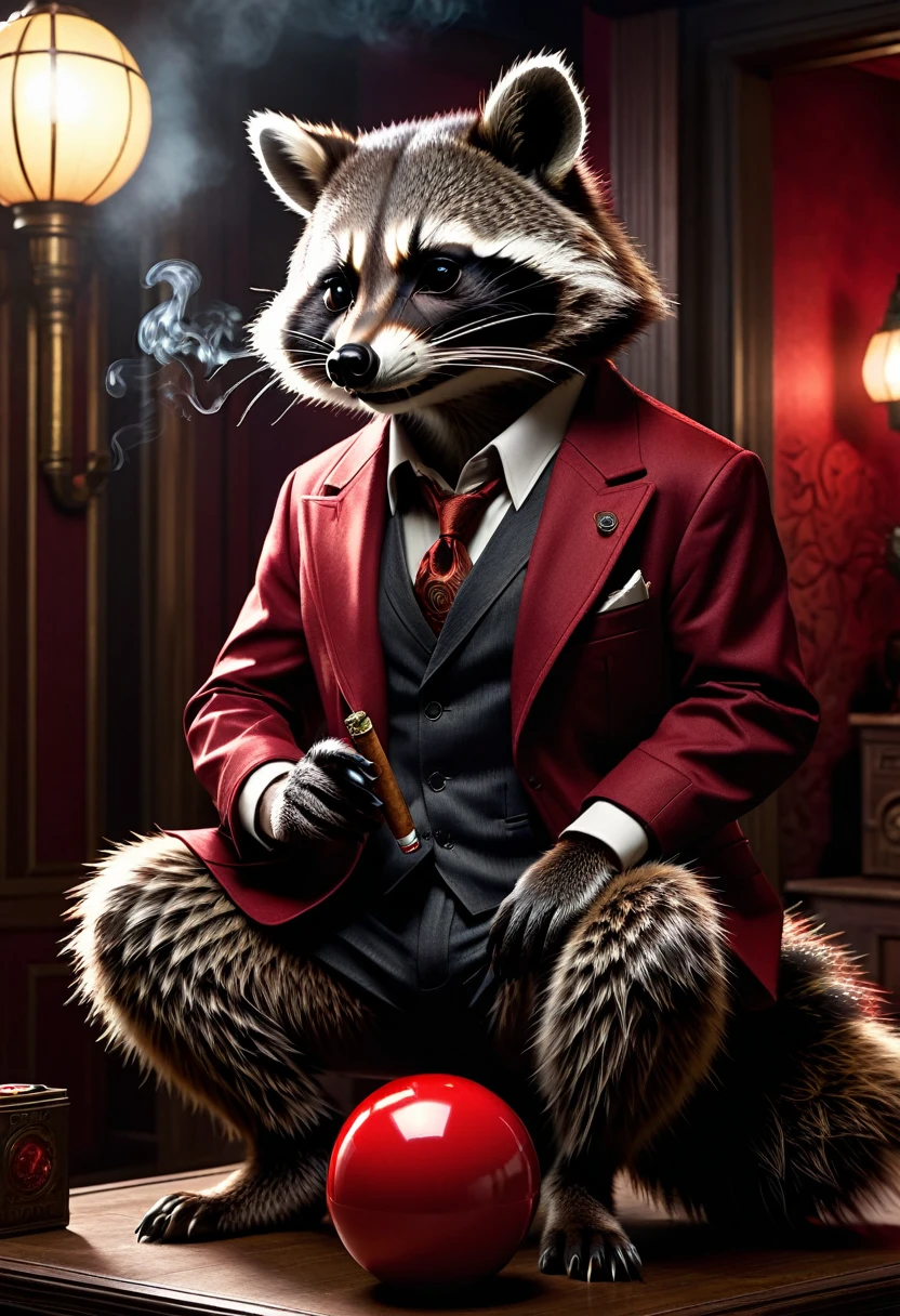 Raccoon with a cigar in his fingers that he is smoking, standing in front of him, leaning casually with his elbow on a large red ball that goes up to his hip, dark gloomy Resident Evil background, detailed realistic raccoon, detailed photorealistic raccoon, very detailed, 8k, hyper-realistic, cinematic lighting, dramatic lighting, mood lighting, dark moody atmosphere, warm colors, vivid colors, intricate details, award-winning photography, stunning visual effects