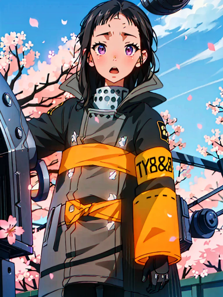 ((highest quality、masterpiece、shining eyes、detailed))、1 cute girl、beautiful face、pop background、beautiful anime、1girl、young girl、 solo、long hair、cute bangs、 (forehead:1.2)、Lilac eyes、(black hair)、 athletic、neutral、 (overcoat、black coat、 open coat:1.2)、yellow shirt、 collared shirt、 (chest harness、 shoulder strap:1.15)、 black leather Pants、garter belt、gloves、from below、elegant、 looking at viewer、standing、Isometric light、 (close-up to face:1.3)、4k
street、sky、cherry blossoms、 petals、illustration、(magazine:1.3)、(cover-style:1.3)、 fashionable、woman、vibrant、outfit、posing、 front、colorful、dynamic、background、 elements、confident、expression、holding、 statement、accessory、majestic、coiled、around、touch、scene、text、cover、bold、 attention-grabbing、title、stylish、font、catchy、 headline、larger、striking、modern、 trendy、focus、fashion.