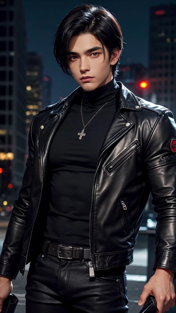 1boy, detailed face, detailed eyes, dark-skinned male, black hair, short hair, red eyes, black jacket, leather jacket, black turtleneck, black jeans, muscular male, outdoors, city, night