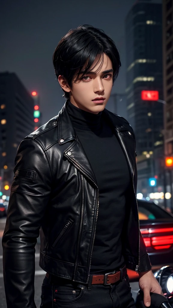 1boy, detailed face, detailed eyes, dark-skinned male, black hair, short hair, red eyes, black jacket, leather jacket, black turtleneck, black jeans, muscular male, outdoors, city, night