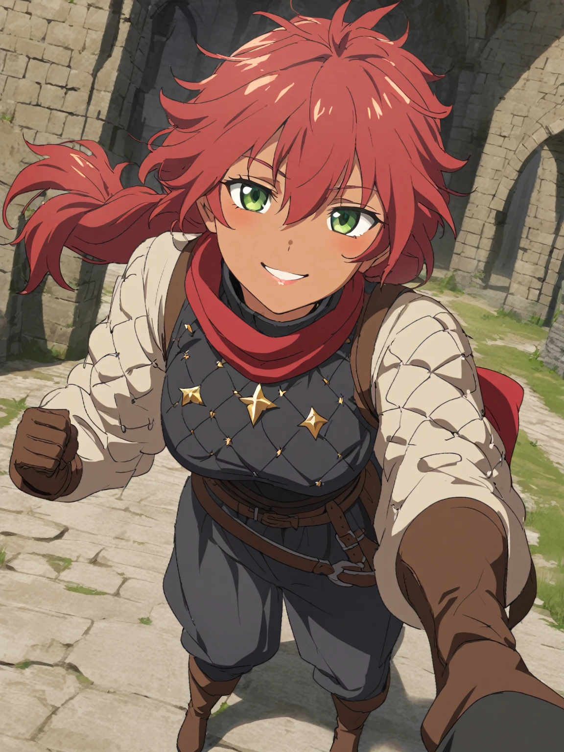 {{upper body, dutch angle}} {{Artist: sincos}} 1girl, 1girl, medieval, facing viewer, medium breasts, black gambeson, white shit, red hair, hair between eyes, messy hair, tan, tomboy, light green eyes, smile, high collar, black puffy pants, brown boots, leather gloves, scabbard, red scarf, long sleeves, low ponytail, adventurer, knee boots, tall woman, lips, pov, medieval fantasy.