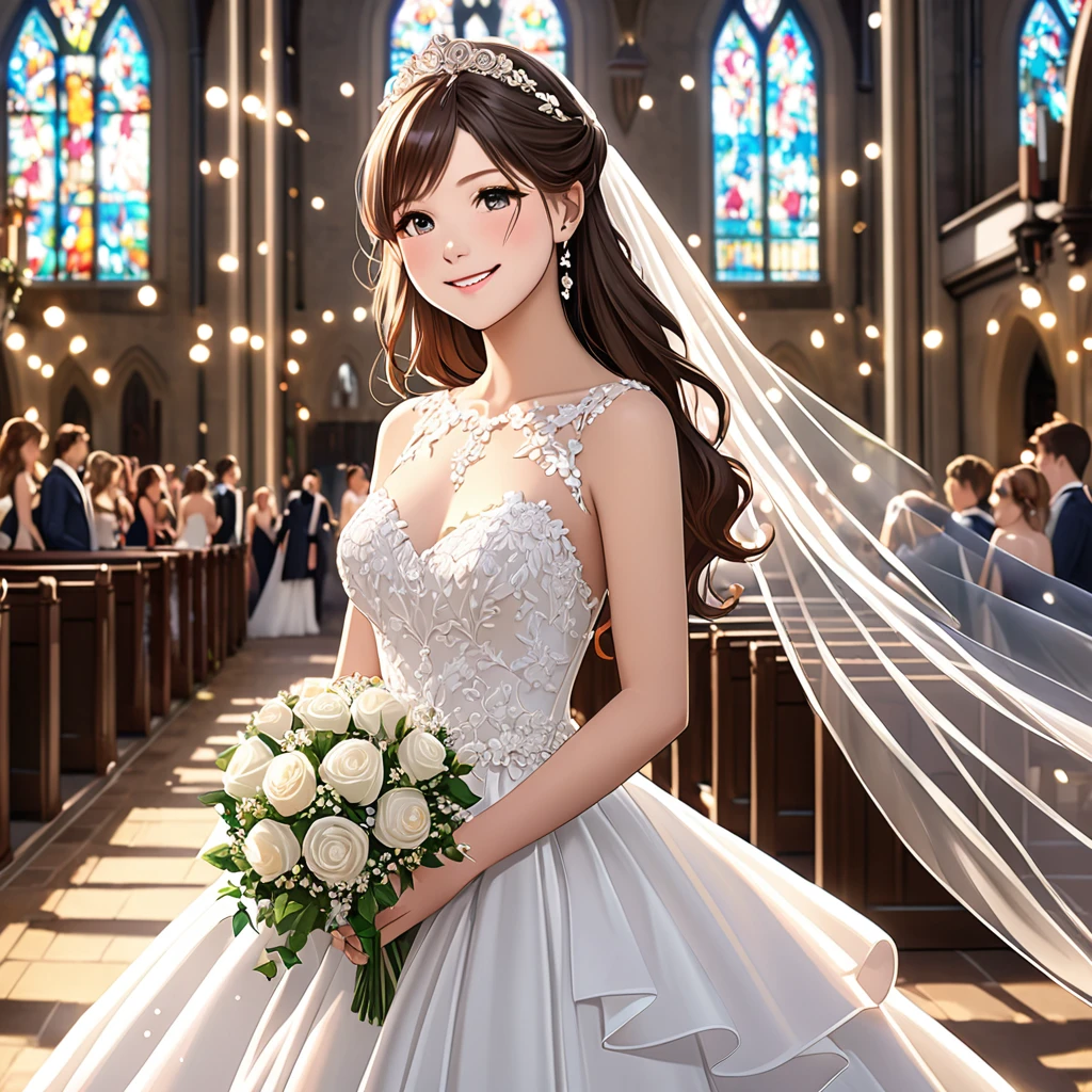 (Highest quality, masterpiece:1.2), (Realistic:1.3),, (ultra-Detailed Background, Detailed Background), Bokeh,, , Gorgeous Prom Dresses, Luxury Prom Dresses, Wedding dress, Bridal Veil, Bridal Gauntlet, Bridal Cascading Bouquet,, Upper Body,, Church wedding,, , One girl, cute, Teen, Pause, smile,, Dynamic Angle, ダイナミックなPause,, , Very long hair