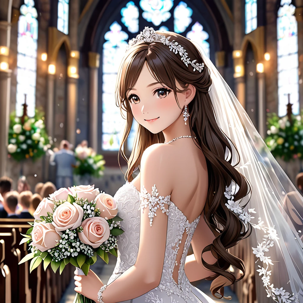 (Highest quality, masterpiece:1.2), (Realistic:1.3),, (ultra-Detailed Background, Detailed Background), Bokeh,, , Gorgeous Prom Dresses, Luxury Prom Dresses, Wedding dress, Bridal Veil, Bridal Gauntlet, Bridal Cascading Bouquet,, Upper Body,, Church wedding,, , One girl, cute, Teen, Pause, smile,, Dynamic Angle, ダイナミックなPause,, , Very long hair