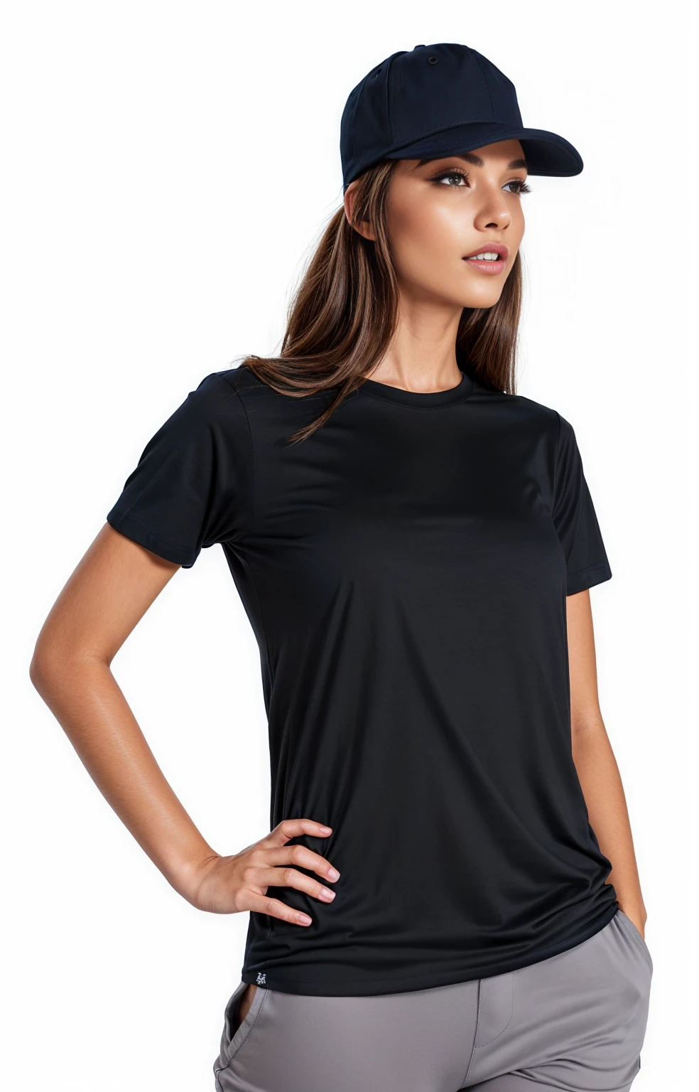 arafed woman in a black jersey and a black hat, wearing a black tee, black tee, vestindo uma black tee, vestindo black tee, wearing a black jersey, wearing a navy blue cap, black tee, black tee, black jersey, with black hat on head, full product shot, black hat