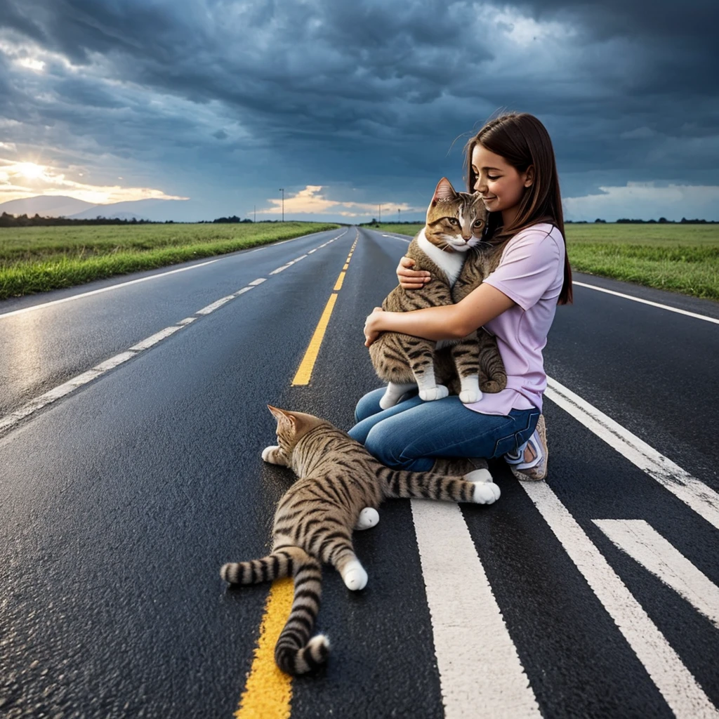 Cats are hugging their children on the road, the sky is raining