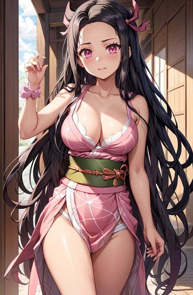 1girl, 1girl nezuko full body, Nezuko Kamado, Nezuko Kamado demon slayer, kamado nezuko, (anime: demon slayer), sexy, female body, perfect body, fullbody, pink enchanting eyes, dark black hair, black hair, black long hair, sexy, perfect body, wearing: revealing kimono, kimono open, exposing cleavage, exposed shoulders, pink panties, pink bra, sexy panties and bra, alluring, beautiful woman body, nezuko, ultrasharp, 4k picture, highly detailed, erotic, seductive, beautiful, nezuko, nezuko kamado, demon slayer, nezuko, perfect body, hot, seductive, stunning, explicit, detailed, nezuko.