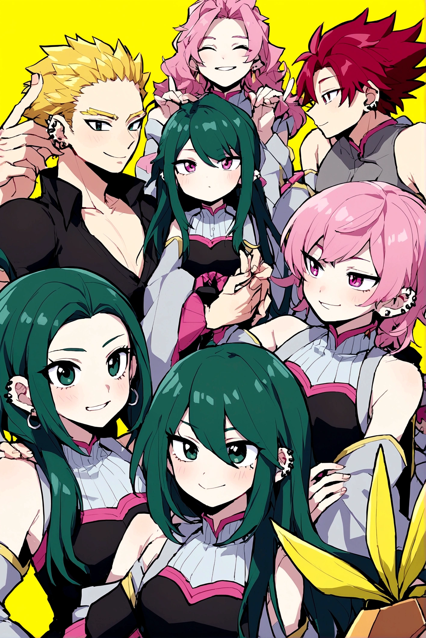 Boku no hero oc of medium height, with a slim figure and defined waist that gives her an androgynous appearance. Her hair is black and reaches her shoulders., with longer pink front locks that fall to the chest. He sports three piercings in each lip and three in each ear, which adds a rebellious touch to your style. Their gender is unknown.