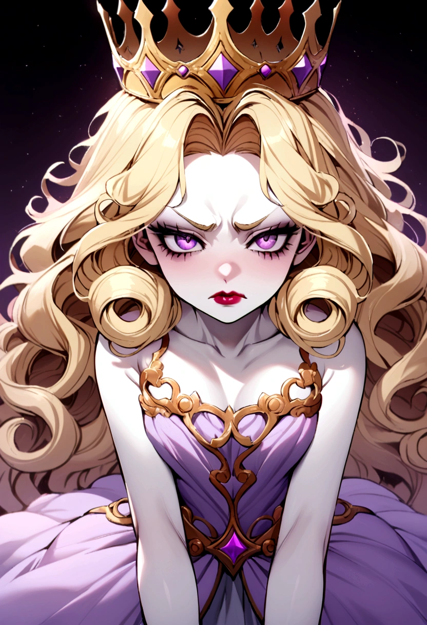 A curly blonde young woman, pale skin with violet eyes and reddish lips, wearing a lilac, fluffy princess dress, with a crown, with an annoyed expression, in an erotic pose 