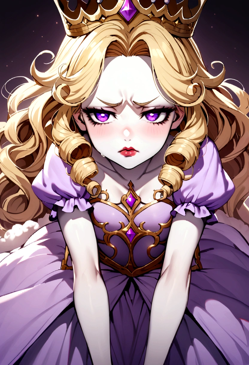 A curly blonde young woman, pale skin with violet eyes and reddish lips, wearing a lilac, fluffy princess dress, with a crown, with an annoyed expression, in an erotic pose
