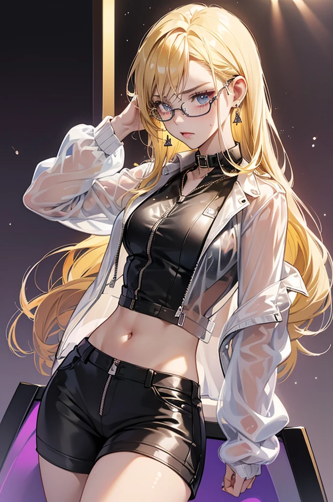 Female Gamer, ((Wet thin white shirt, See-through zip open fashion windbreaker, See-through hot pants, Glasses, Earrings, necklace, See-through face mask, earphone, Cute Collar, )), (The irresistible aura of the idol, Blur effect, Bubble effect, Black glowing pupils, Arcade-style make-up, , Blushing, Angry face, Blonde Hair), (masterpiece, Extreme Body Detail, High resolution, original character, Best anime 16k wallpaper quality), Club Bar Background, Full Body Shot