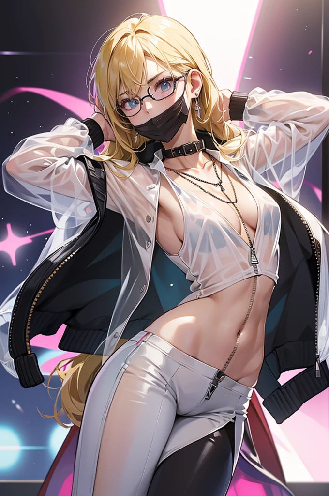 Female Gamer, ((Wet thin white shirt, See-through zip open fashion windbreaker, See-through hot pants, Glasses, Earrings, necklace, See-through face mask, earphone, Cute Collar, )), (The irresistible aura of the idol, Blur effect, Bubble effect, Black glowing pupils, Arcade-style make-up, , Blushing, Angry face, Blonde Hair), (masterpiece, Extreme Body Detail, High resolution, original character, Best anime 16k wallpaper quality), Club Bar Background, Full Body Shot