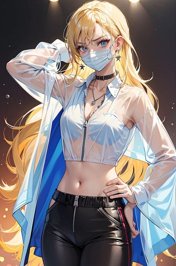 Female Gamer, ((Wet thin white shirt, See-through zip open fashion windbreaker, See-through hot pants, Glasses, Earrings, necklace, See-through face mask, earphone, Cute Collar, )), (The irresistible aura of the idol, Blur effect, Bubble effect, Black glowing pupils, Arcade-style make-up, , Blushing, Angry face, Blonde Hair), (masterpiece, Extreme Body Detail, High resolution, original character, Best anime 16k wallpaper quality), Club Bar Background, Full Body Shot