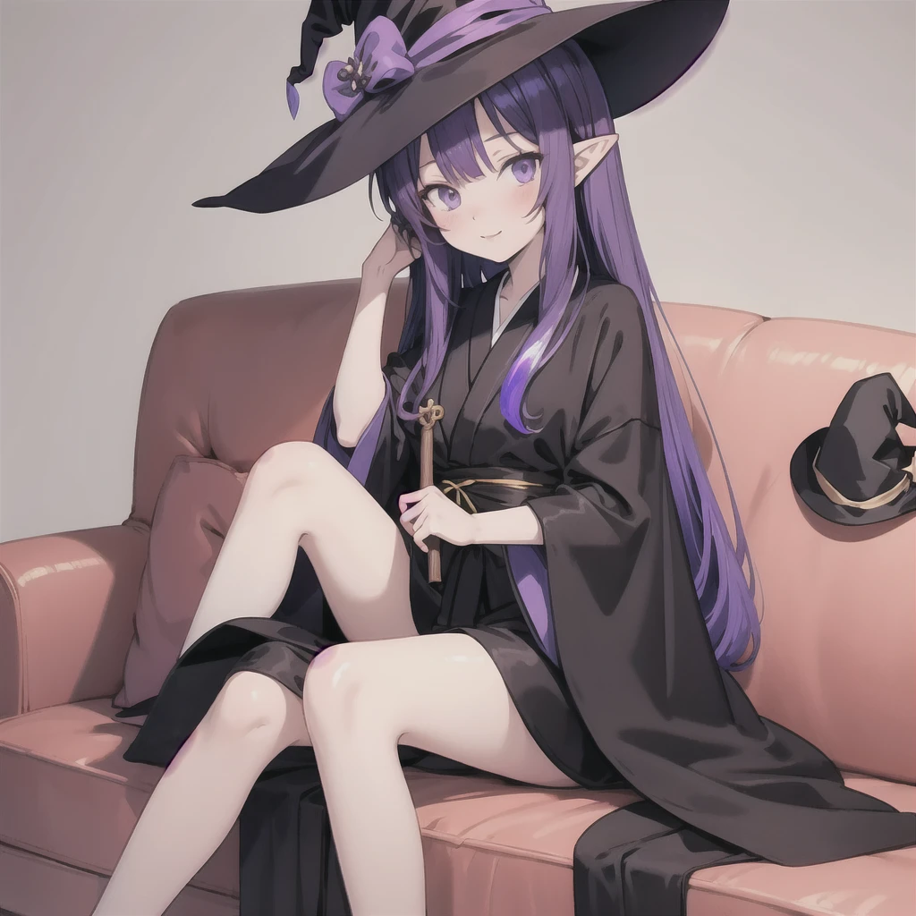 anime girl long purple hair wearing a black Robe. she has pointy ears. Witch Hat. Manga kawaii. iridescent ,An illustration, Sit on the sofa, (no background)