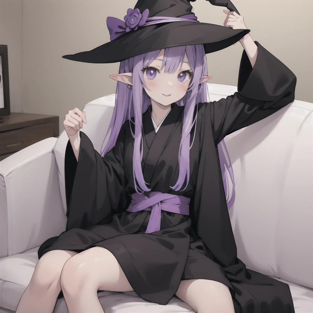 anime girl long purple hair wearing a black Robe. she has pointy ears. Witch Hat. Manga kawaii. iridescent ,An illustration, Sit on the sofa, (no background)