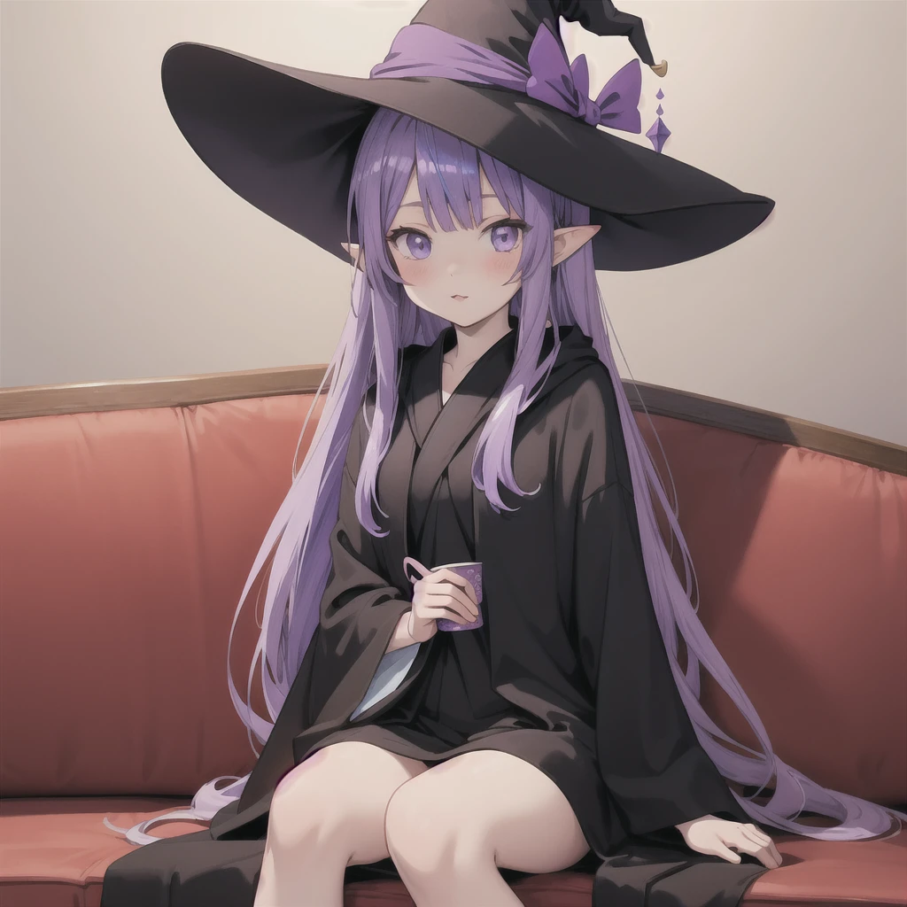 anime girl long purple hair wearing a black Robe. she has pointy ears. Witch Hat. Manga kawaii. iridescent ,An illustration, Sit on the sofa, (no background)