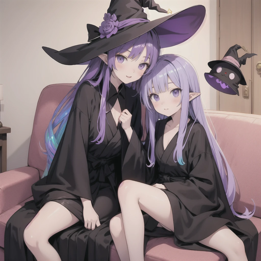 anime girl long purple hair wearing a black Robe. she has pointy ears. Witch Hat. Manga kawaii. iridescent ,An illustration, Sit on the sofa, (no background)