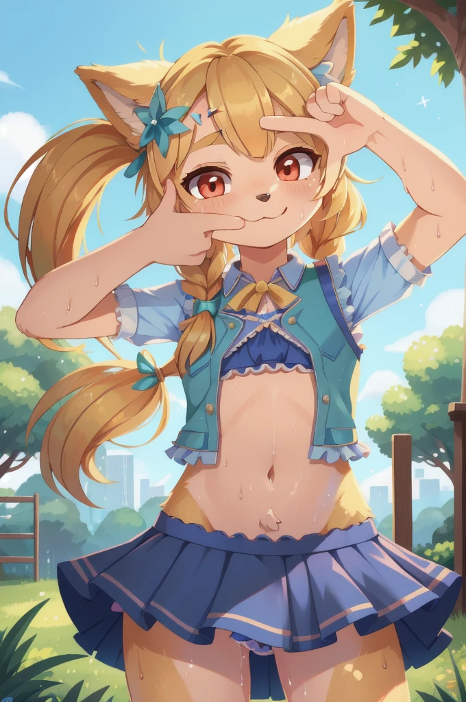 Furry girl, young, dog, long ponytail, blonde hair, red eyes, small breasts, detailed body fur, ((stars hairpin, blue vest, open clothes, frilly blue bikini, frilly blue skirt)), masterpiece, looking at you, (two tone body fur, turquoise body fur, clear turquoise body fur), detailed face, big eyebrows, detailed eyes, detailed body, detailed hands, glistering body, skinny, floppy dog ears, perfect lighting, perfect shadows, perfect eyes, perfect hair, perfect face, gorgeous body, :3, wet body fur, park, clear sky, solo, looking at you, wet body fur, sweat, finger frame, (wink, one eye close),