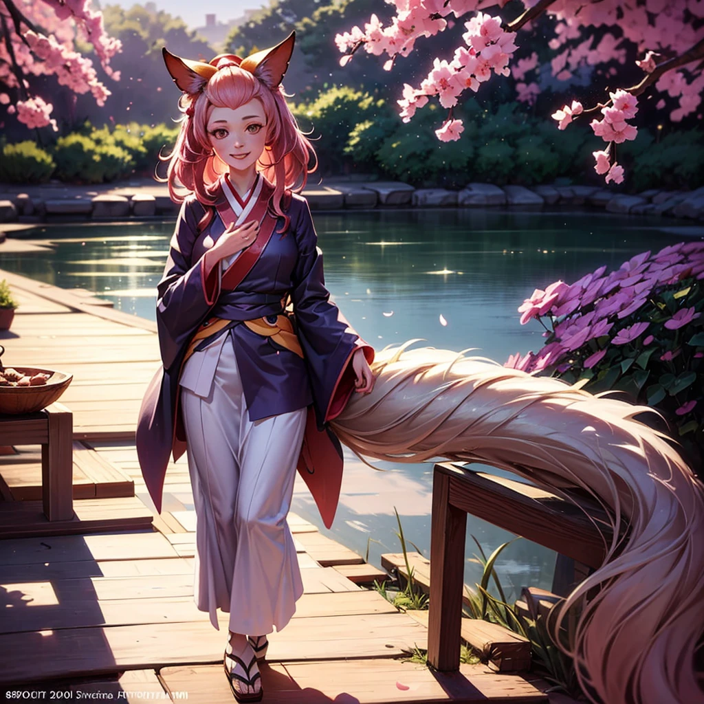 29 years old beautiful european woman with red kimono,pink hairs,9 tails kitsune,ash blossom,smiling,long flowing hair,detailed facial features,intricate kimono,lush nature background,glowing ethereal aura,vibrant colors,cinematic lighting,award winning digital art,concept art,highly detailed,photorealistic,8k,masterpiece