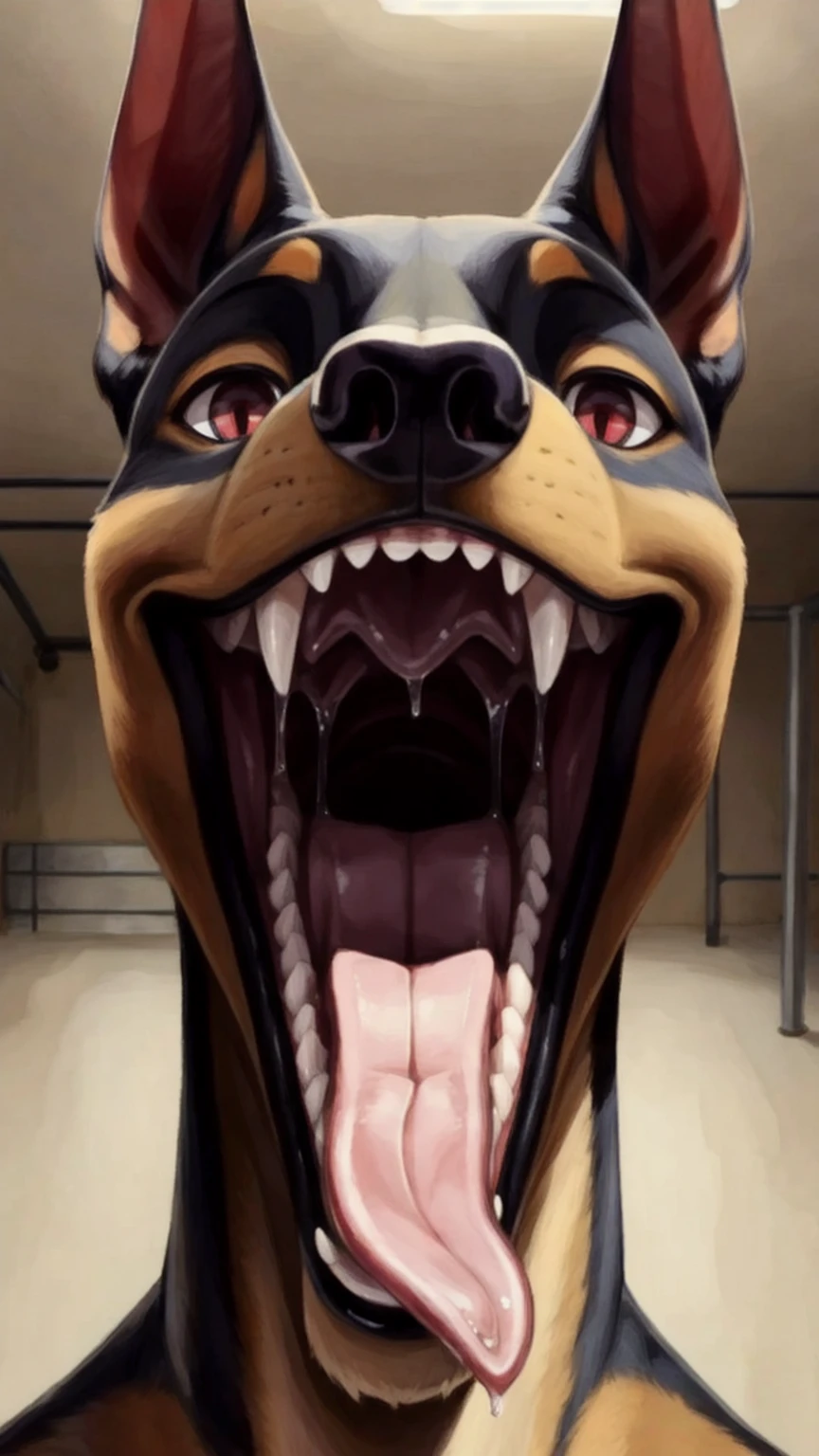 Doberman Pinscher, male, Red Eyes, anthropology,open mouth, Sticking out tongue, large amounts of saliva, (Mouth Shot), prey perspective, Empty, Soft shadows, (Exquisite eyes:1.2, Drooping eyelids), From woolrool, crayon \(artist\), Buta 99, background, beautiful eyes,In the basement,sfw,Correct neck