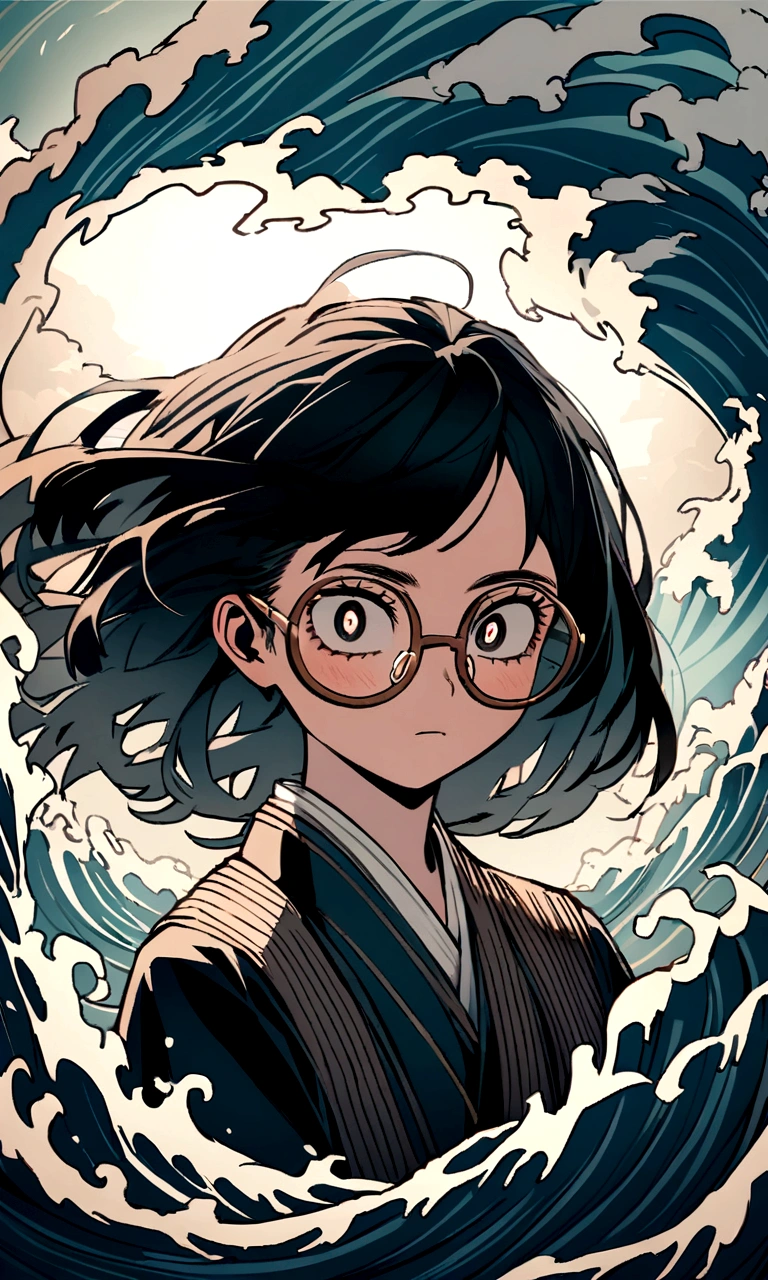 Create an image in the style of the anime boku no hero academia, a young girl with black hair, very long and very marked waves, black almond eyes, oval glasses and traditional Japanese high