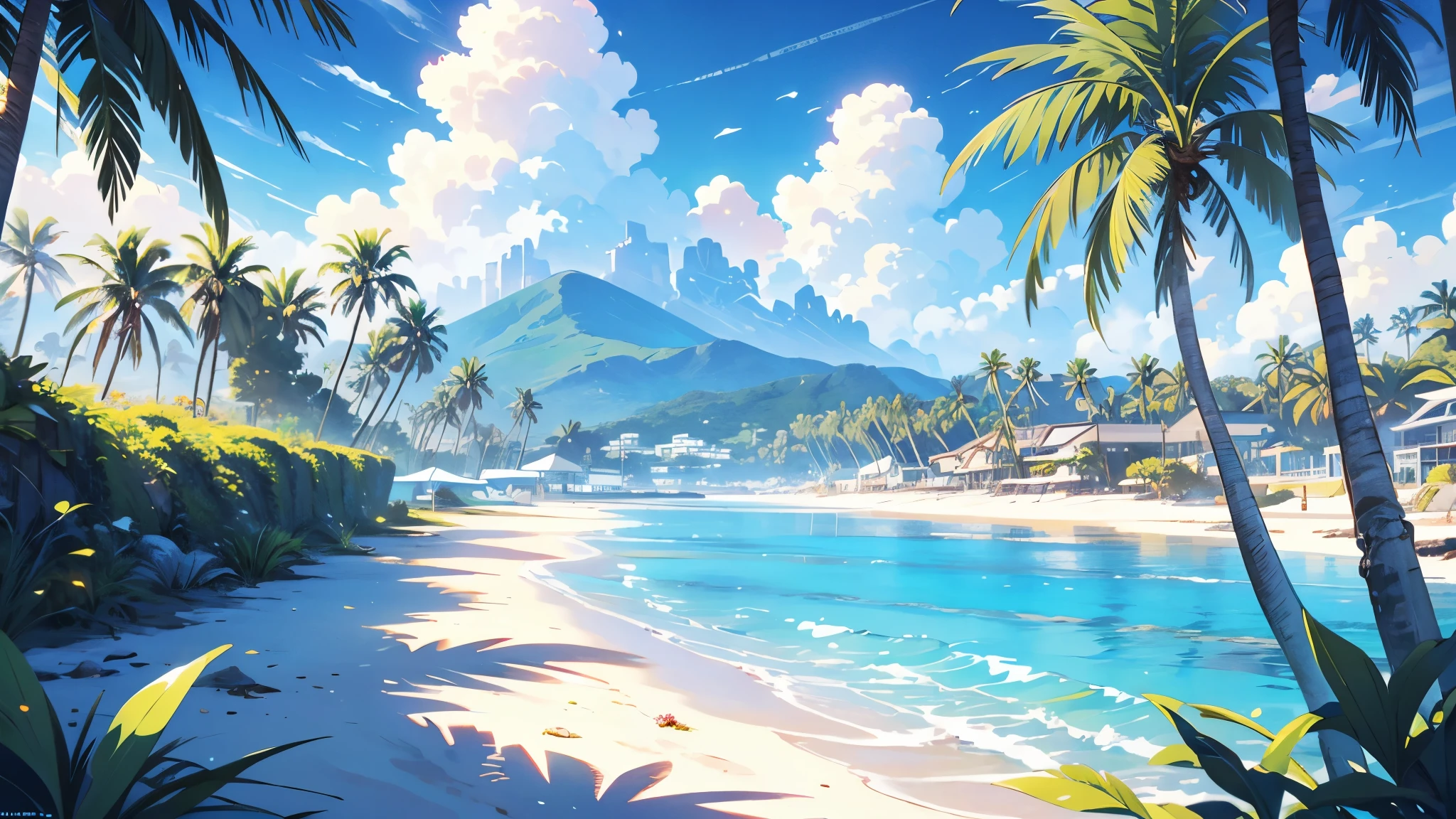 tropical house on the beach with palm trees and blue water, island background, anime background art, amazing wallpaper, background art, hd wallpaper, relaxing concept art, beautiful wallpaper, high quality desktop wallpaper, background artwork, pc wallpaper, anime background, tropical beach paradise, wallpaper hd, 8K image quality, Masterpiece