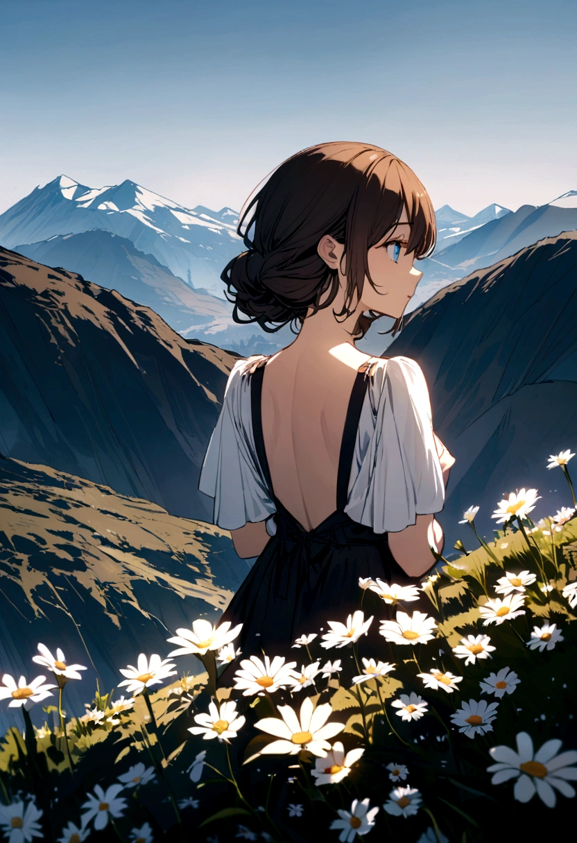 pretty girl with blue eyes and long dark brown hair on the top of a mountain with her back to herself with a flower. The atmosphere is dark and almost everything is shadows.. it&#39;s fashionable 