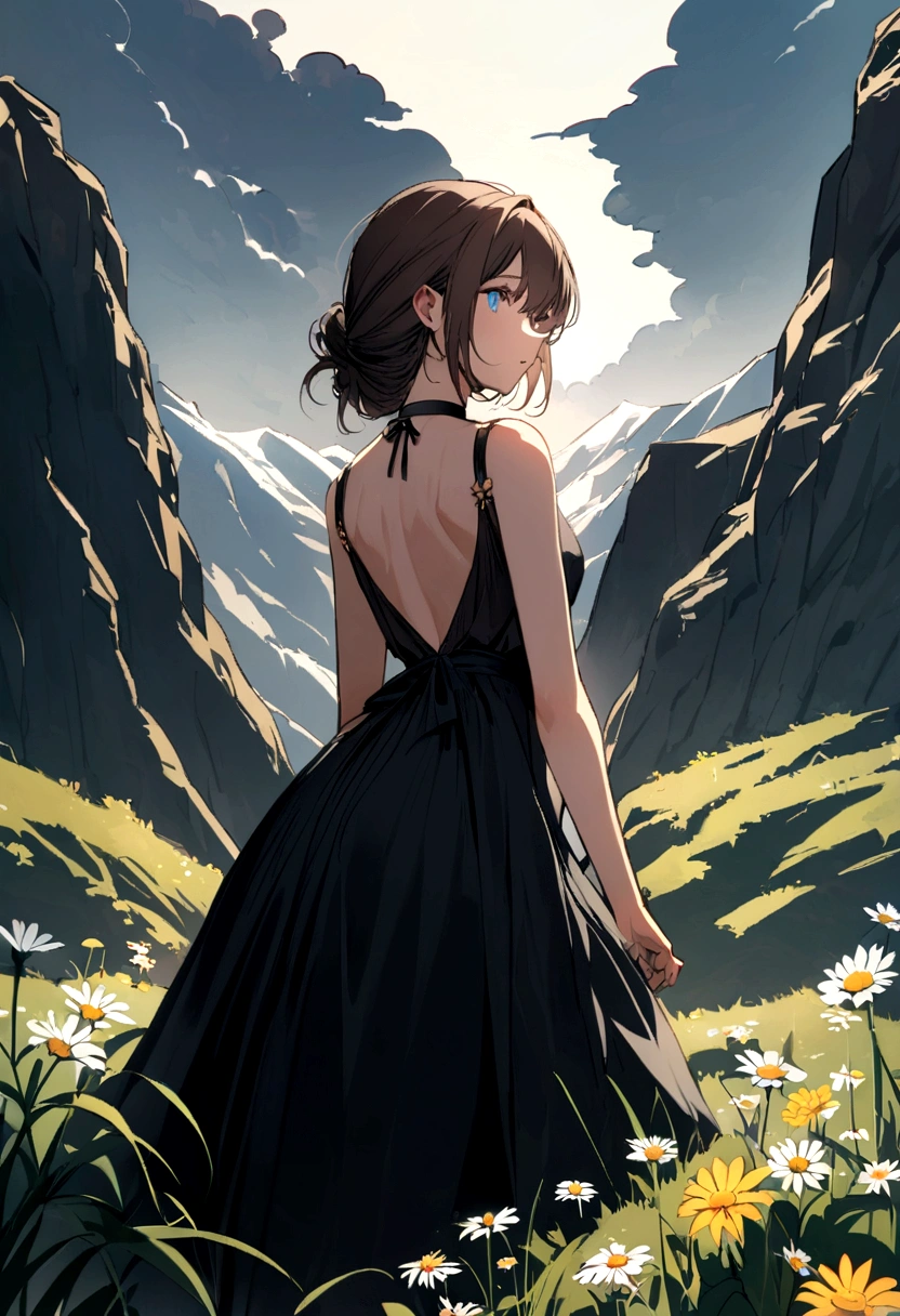 pretty girl with blue eyes and long dark brown hair on the top of a mountain with her back to herself with a flower. The atmosphere is dark and almost everything is shadows.. it's fashionable