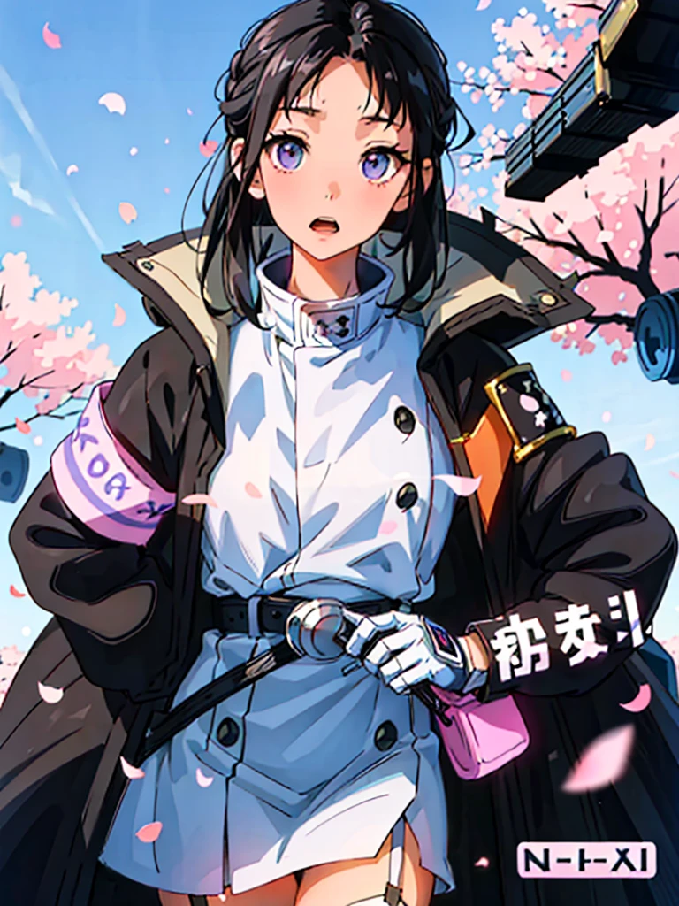 ((highest quality、masterpiece、shining eyes、detailed))、1 cute girl、beautiful face、pop background、beautiful anime、1girl、young girl、 solo、long hair、cute bangs、 (forehead:1.2)、Lilac eyes、(black hair)、 athletic、neutral、 (overcoat、black coat、 open coat:1.2)、yellow shirt、 collared shirt、 (chest harness、 shoulder strap:1.15)、 black leather Pants、garter belt、gloves、from below、elegant、 looking at viewer、standing、Isometric light、 (close-up to face:1.3)、4k
street、sky、cherry blossoms、 petals、illustration、(magazine:1.3)、(cover-style:1.3)、 fashionable、woman、vibrant、outfit、posing、 front、colorful、dynamic、background、 elements、confident、expression、holding、 statement、accessory、majestic、coiled、around、touch、scene、text、cover、bold、 attention-grabbing、title、stylish、font、catchy、 headline、larger、striking、modern、 trendy、focus、fashion.