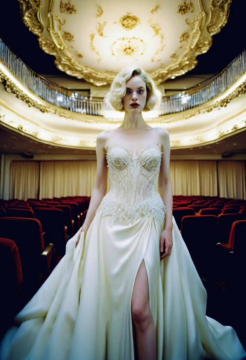 Evening Dress, theater, by Tyler Shields and Miles Aldridge, 35mm photograph, bokeh, best quality, masterpiece, very aesthetic, perfect composition, intricate details, ultra-detailed