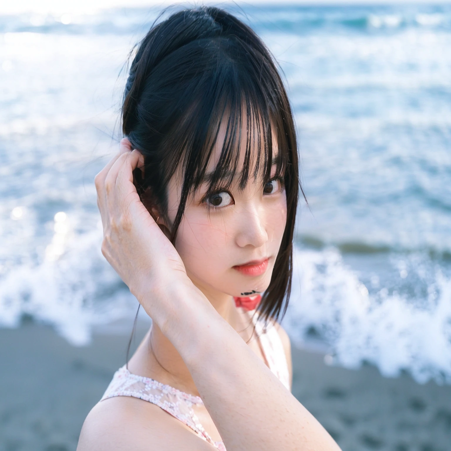 there is a woman that is standing on the beach with her hair in a bun, kotegawa yui, shikamimi, Chiho, Yoshitomo Nara, kimi takemura, ai yazawa, shiori teshirogi, aoshima Chiho, sui ishida with black hair, Yasumoto Oka