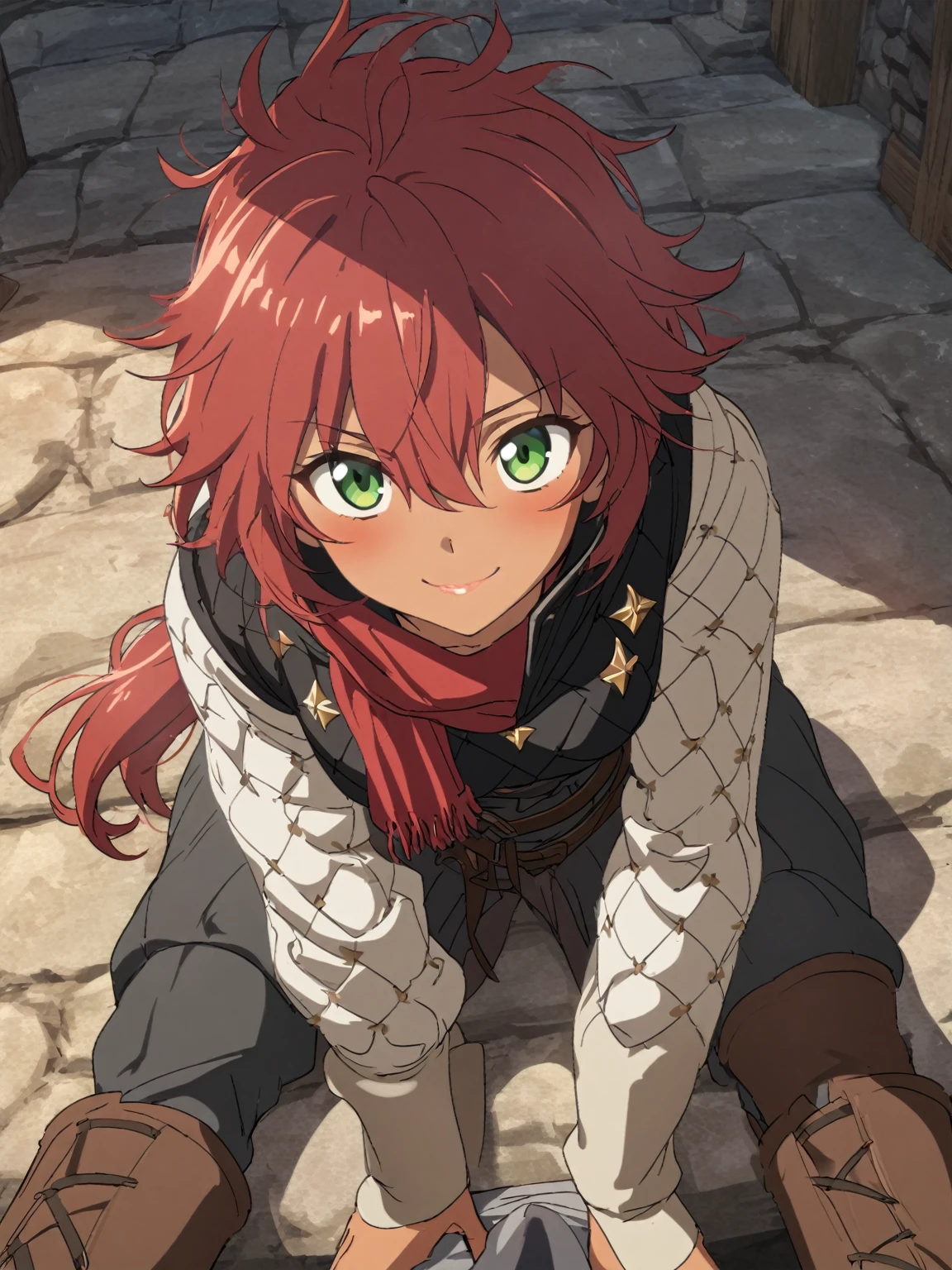 {{upper body}} {{Artist: sincos}} 1girl, 1girl, medieval, facing viewer, medium breasts, black gambeson, white shit, red hair, hair between eyes, messy hair, tan, tomboy, light green eyes, smile, high collar, black puffy pants, brown boots, leather gloves, scabbard, red scarf, long sleeves, low ponytail, adventurer, knee boots, tall woman, lips, pov, medieval fantasy.