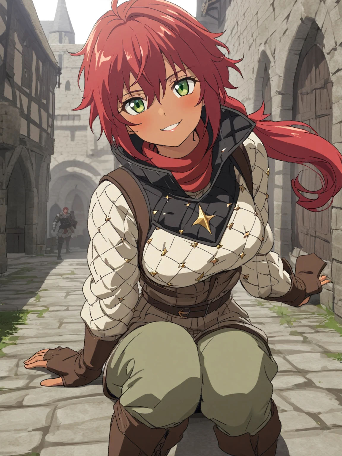 {{upper body}} {{Artist: sincos}} 1girl, 1girl, medieval, facing viewer, medium breasts, black gambeson, white shit, red hair, hair between eyes, messy hair, tan, tomboy, light green eyes, smile, high collar, black puffy pants, brown boots, leather gloves, scabbard, red scarf, long sleeves, low ponytail, adventurer, knee boots, tall woman, lips, pov, medieval fantasy.