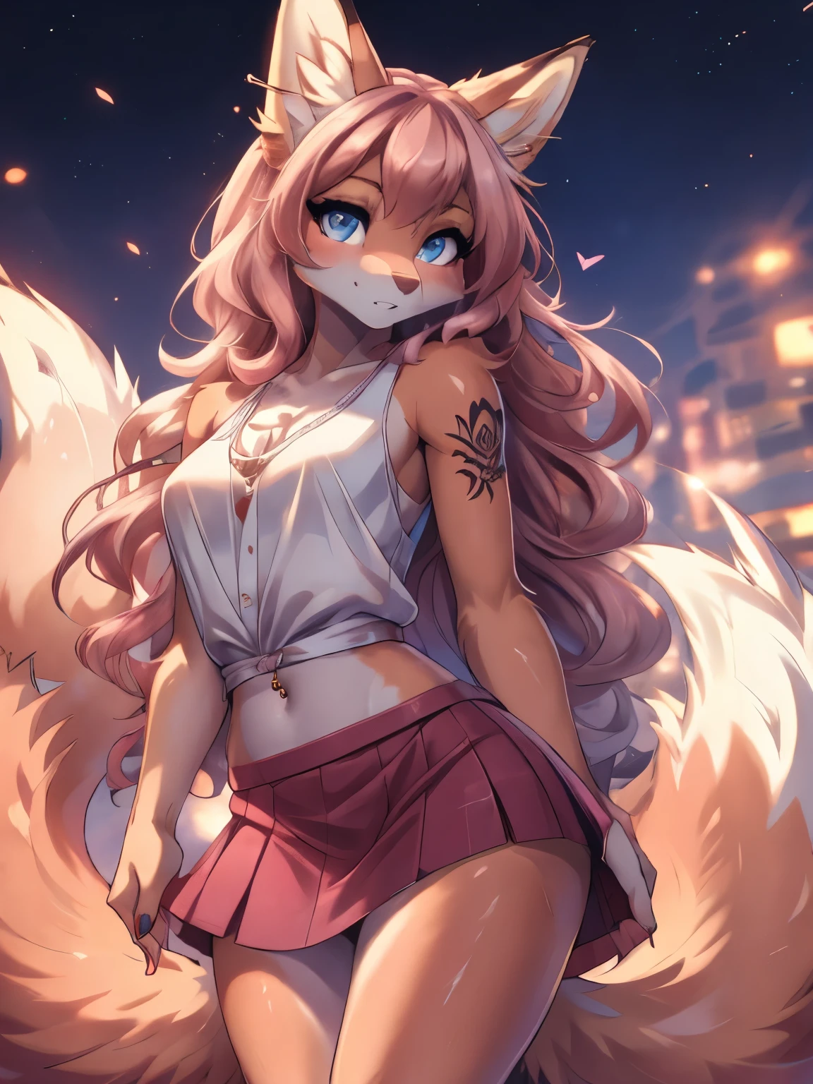 Chica anime,tennage girl 18 years old, anime style, cute kotori date alive, Chica tímida , Orejas de Kitsune, arte de dark natasha, city landscape, arte de vixen aztra, cuerpo completo, patas hermosas, cintura delgada, caderas amplias, navel white blouse, white&pink skirt, navel piercing, ear piercing, navel tattoo, atrevid pose, back pose, fluffly tail, sensual eyes (la mejor definicion) long hair, black flash, city party, city night life, party girl, idol girl, girl with microphone singing, deep blue eyes (HD), white&pink dress, super mega star idol, aura pura, silueta de luz, silueta radiante de luz dorada, su cuerpo brilla, mekor iluminacion en fotografía, mermaid mini skirt, lovely girl, sending kiss, heartlove
