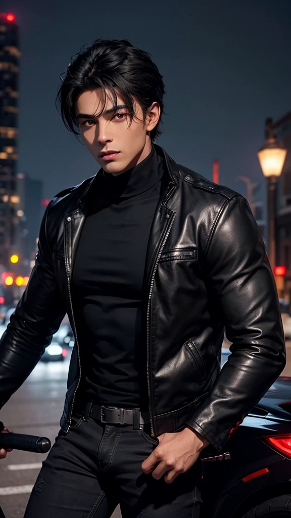 1boy, detailed face, detailed eyes, dark-skinned male, black hair, wolfcut hair, red eyes, black jacket, leather jacket, black turtleneck, black jeans, muscular male, outdoors, city, night, dick out, dick dark skinned